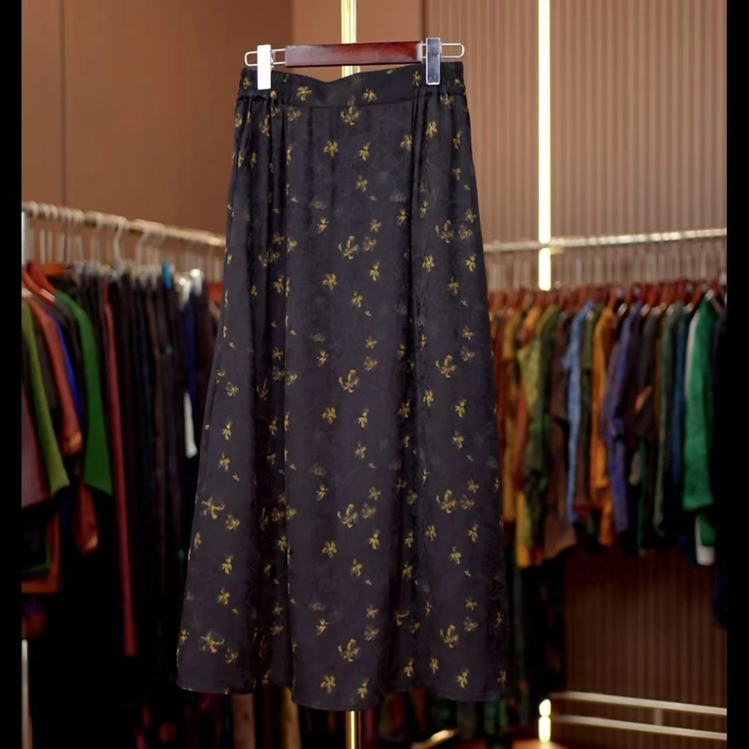 迎春-新中式国风黑色迎春花半身裙0338