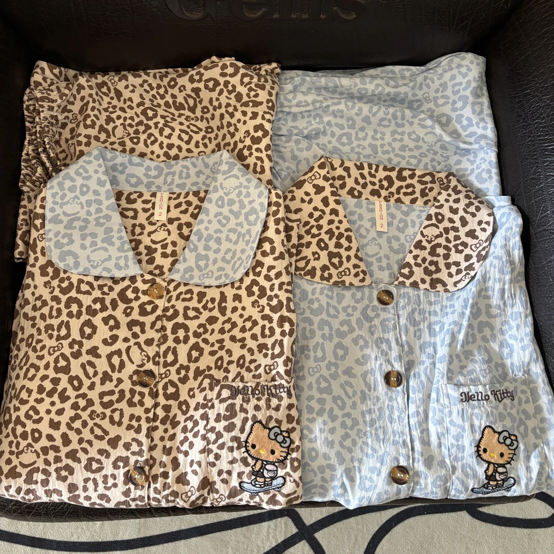 带胸垫豹纹kitty睡衣女春秋季长袖云朵棉卡通可爱休闲外穿家居服