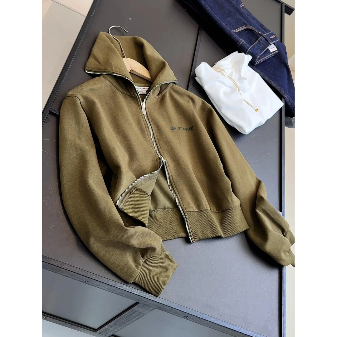 双拉链高领大翻领宽松长袖外穿短外套休闲时尚百搭卫衣