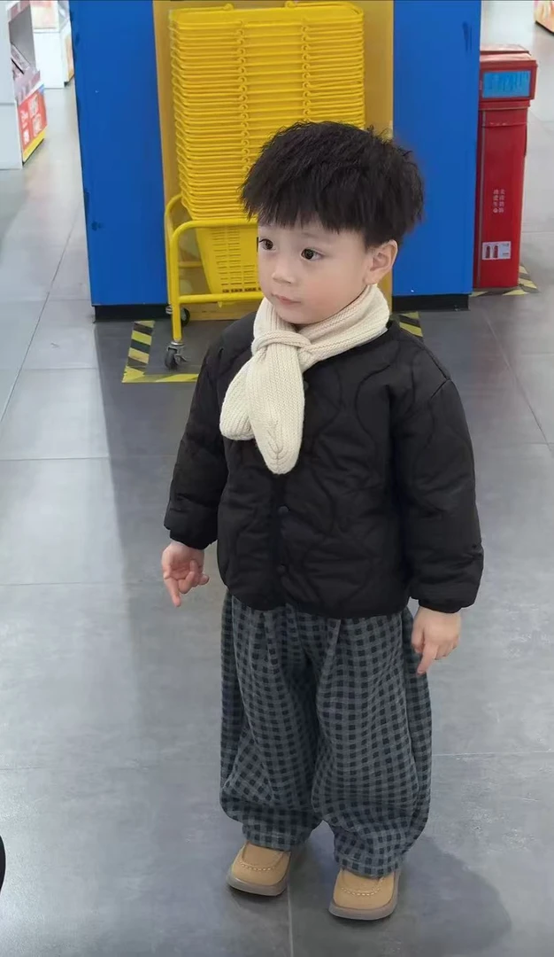 男童套装2025秋季新款时尚女童保暖夹棉防风棉外套宝宝格子阔腿裤