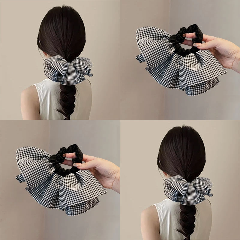 摇摇脑袋~韩国氛围感黑白格子立体双层裙摆发圈赫本风高级感扎发