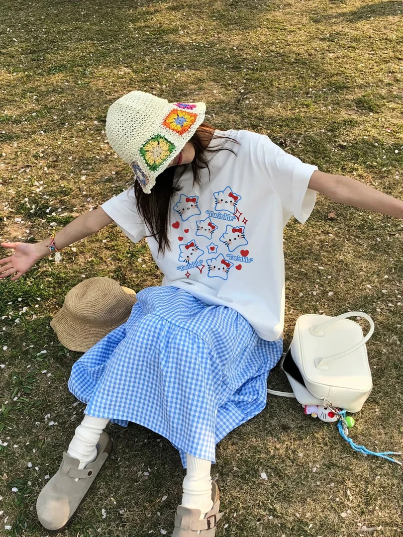 明媚少女上衣 凯蒂猫白色纯棉短袖女2025夏季新款宽松休闲百搭T恤