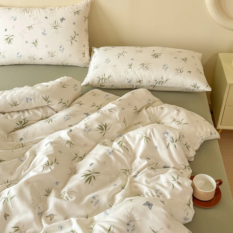 春秋故事2025新款针织棉双层纱四件套小清新少女心被套床单床笠