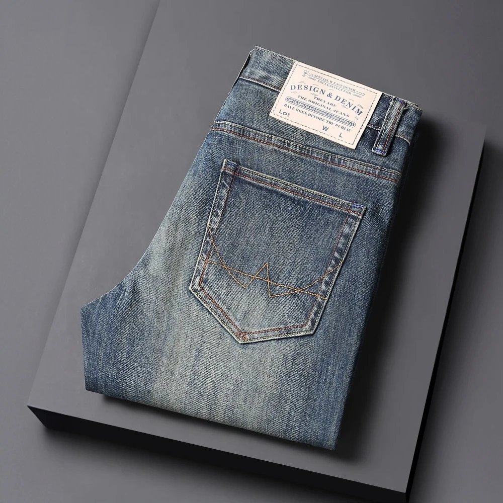 赫柏纪逸春夏修身复古做旧重工水洗牛仔裤男长裤四季男装微弹休闲