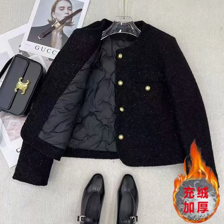 【退换包运费】黑色充绒内胆亮晶晶显瘦精致小香风加厚保暖P2433