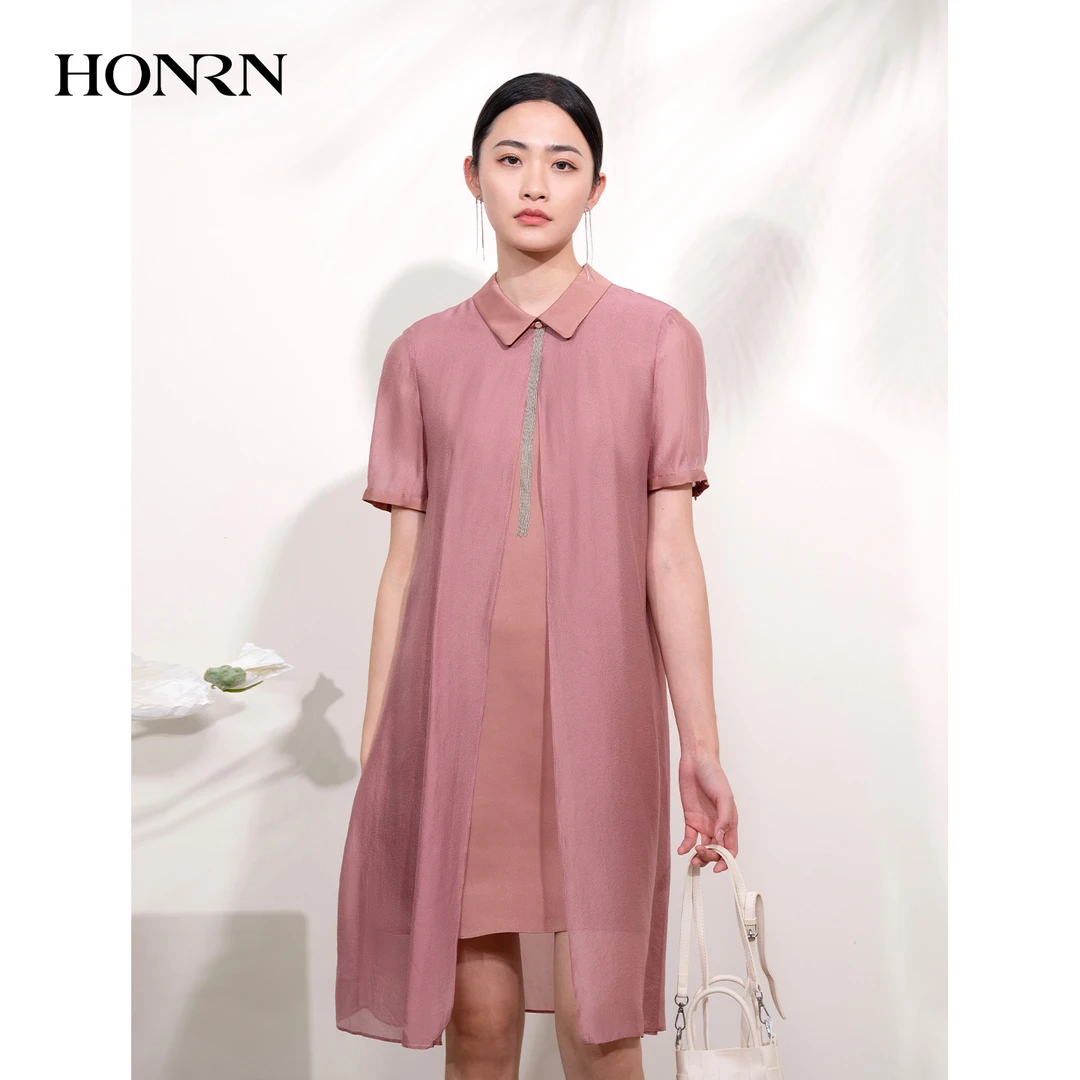 HONRN/红人优雅气质薄款翻领修身显瘦短袖a字连衣裙女夏HI22OL696