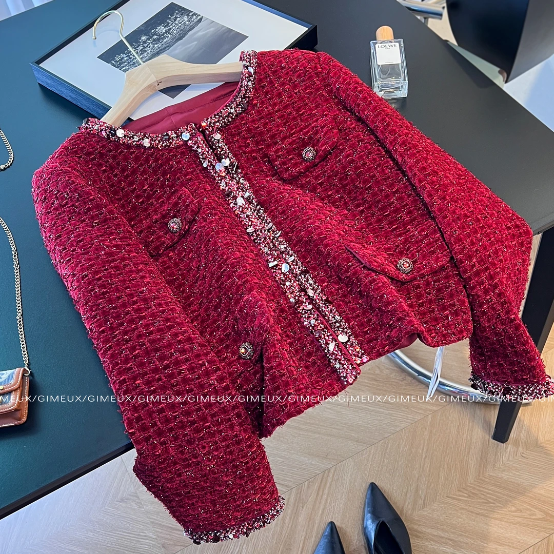 小香风粗花呢短外套女秋2025新年喜庆烫钻减龄气质优雅名媛风上衣