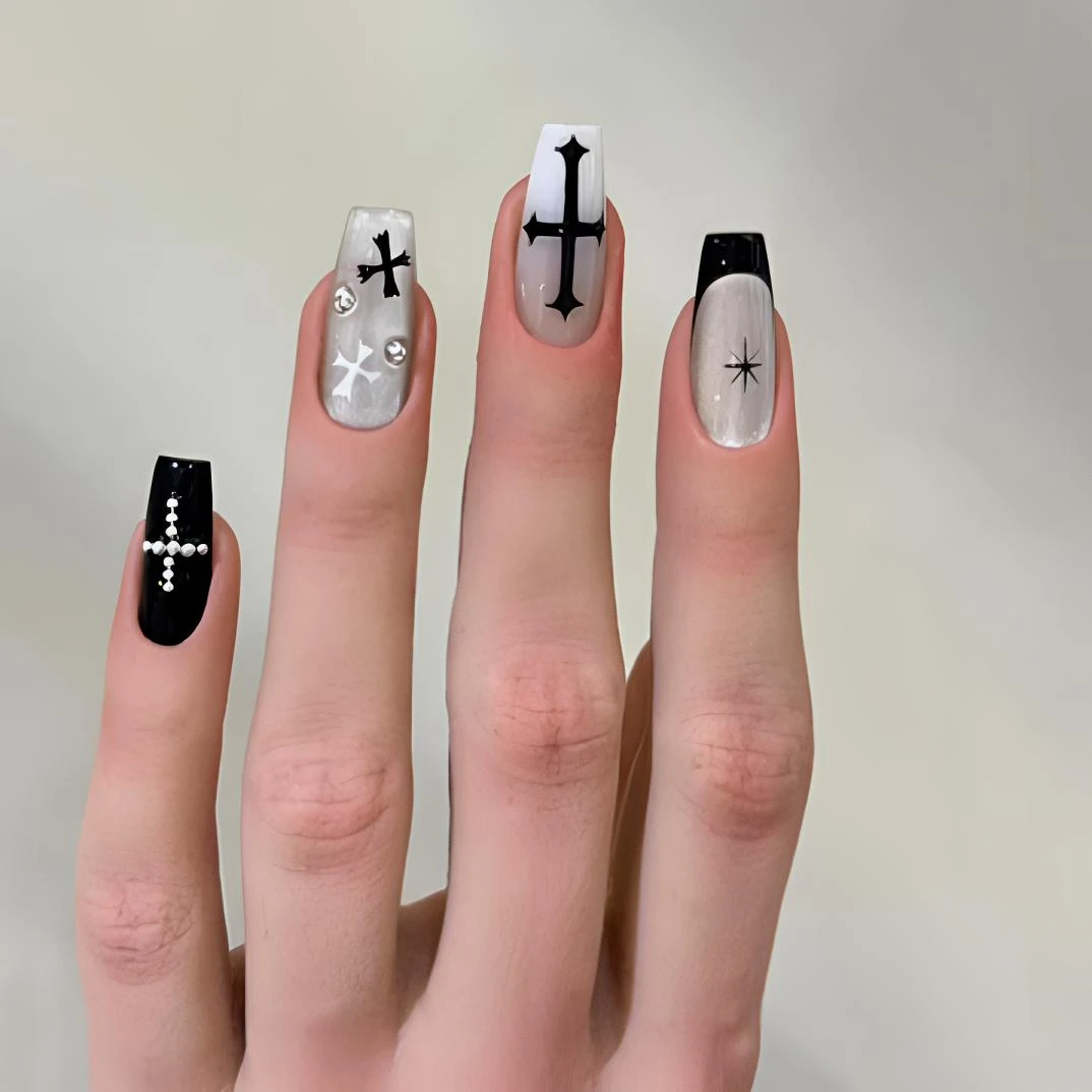 法式十字架爆闪猫眼手工穿戴甲高级甜酷辣妹显白小众美甲贴片