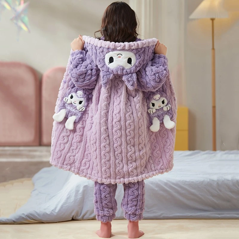 新款女童睡袍冬季儿童睡衣珊瑚绒加厚法兰绒保暖连帽中大童家居服