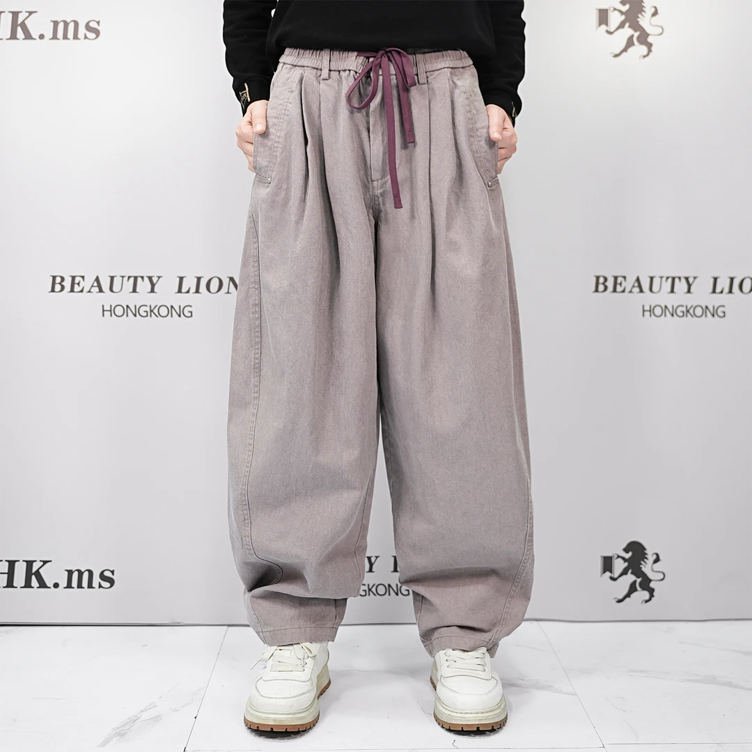 2025H·K美狮潮牌春季时尚复古水洗松紧腰拼接百搭休闲裤