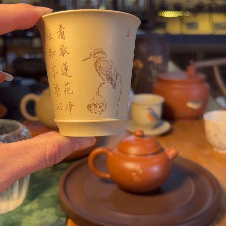 建水紫陶白泥浅刻主人杯
