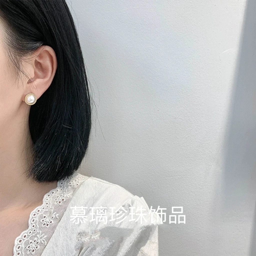 青沧 天然可刮粉 天然10mm白色淡水珍珠太阳花耳钉 106