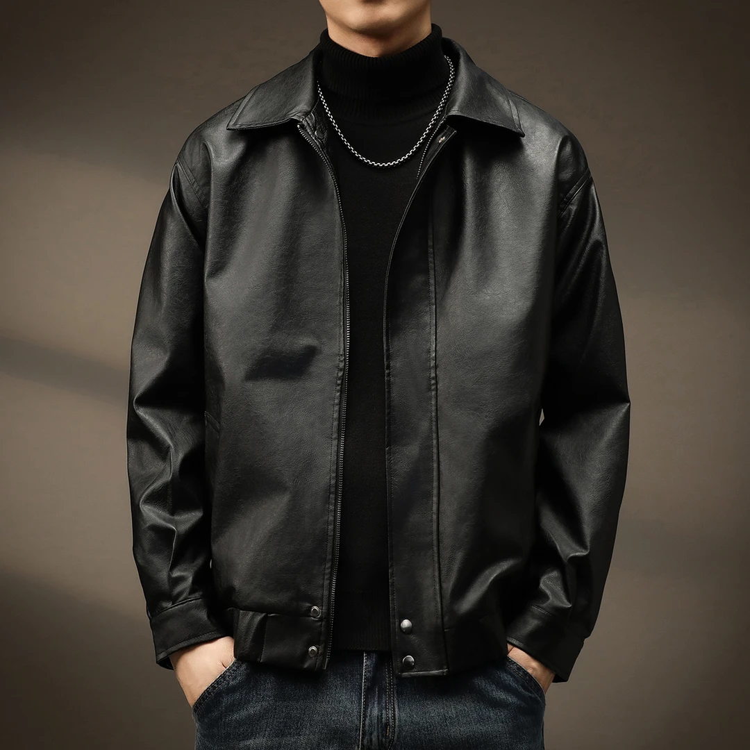 高端美式复古机车PU皮衣男2025春秋新款宽松痞帅飞行黑色夹克外套