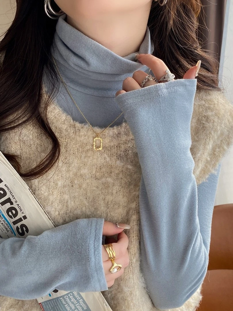 秋冬堆堆领德绒打底衫女新款高级感叠穿内搭加绒加厚高领上衣T恤