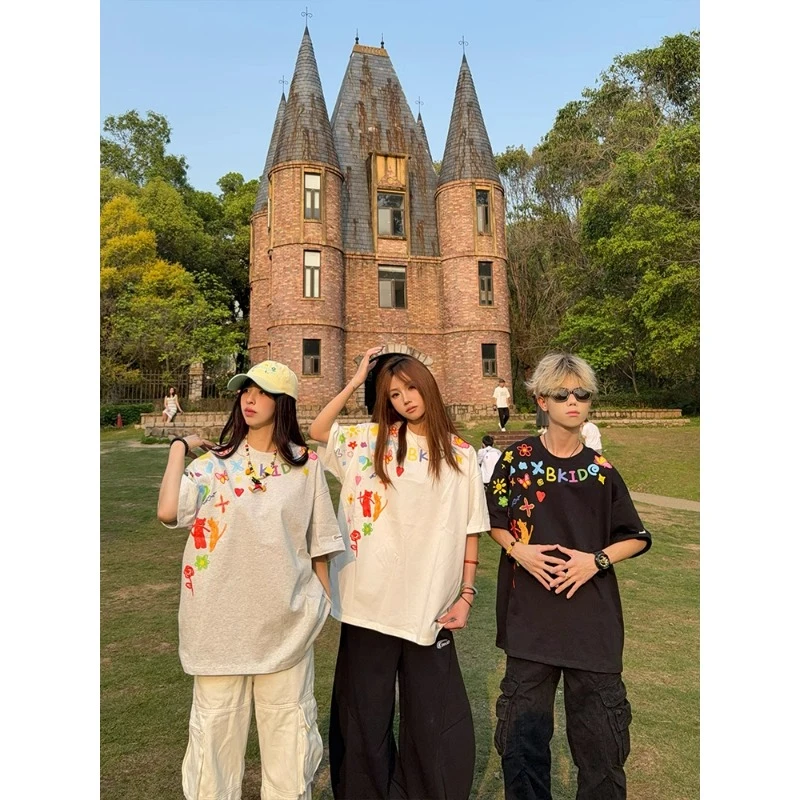 夏季国潮美式手绘涂鸦短袖T恤高街ins潮牌情侣款小众半袖衣服TB57