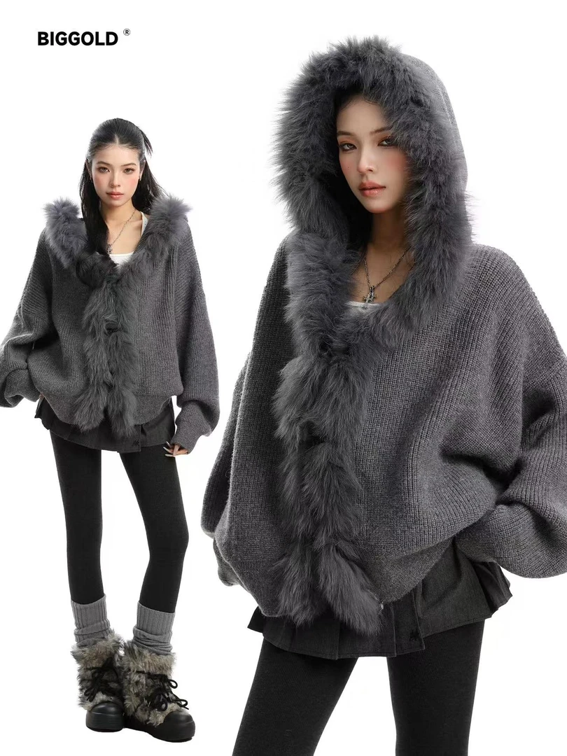 BIGGOLD美式设计感大毛领连帽毛衣女秋冬慵懒感保暖针织开衫上衣