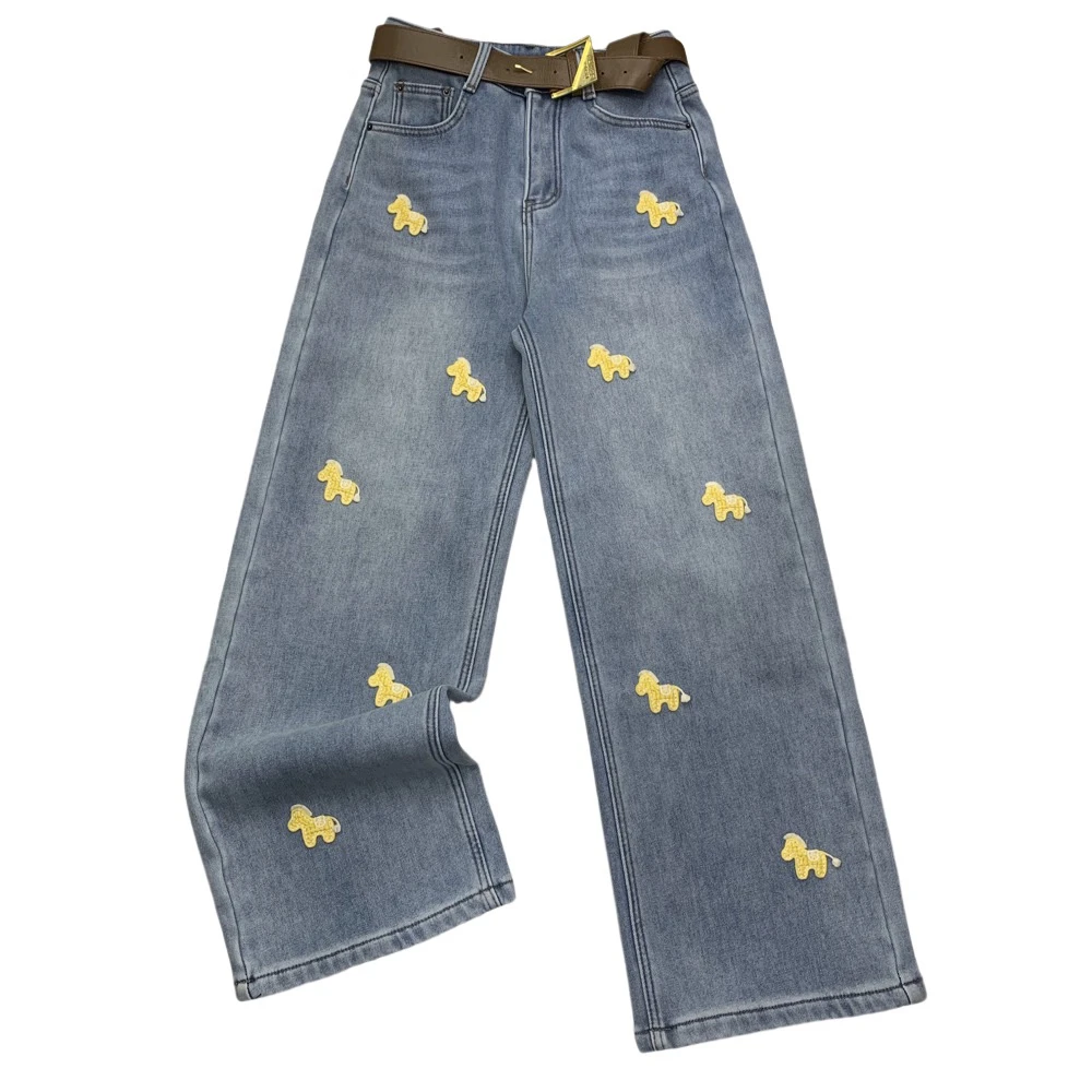 W5800新款洋气重工立体图案直筒加绒牛仔裤（不带腰带）