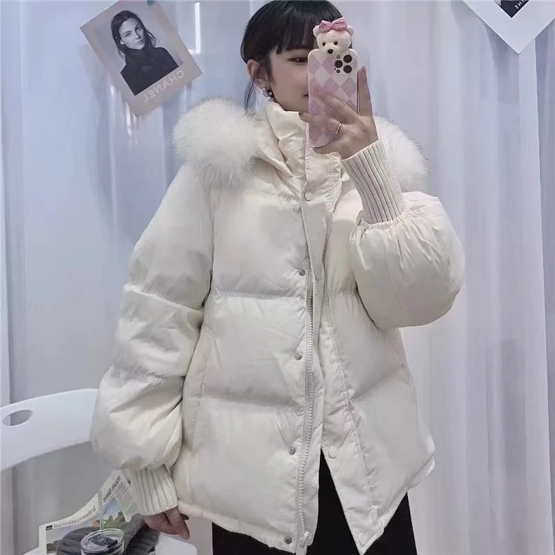 大毛领罗纹袖鸭绒新款女短款小个子韩版宽松加厚外套时尚