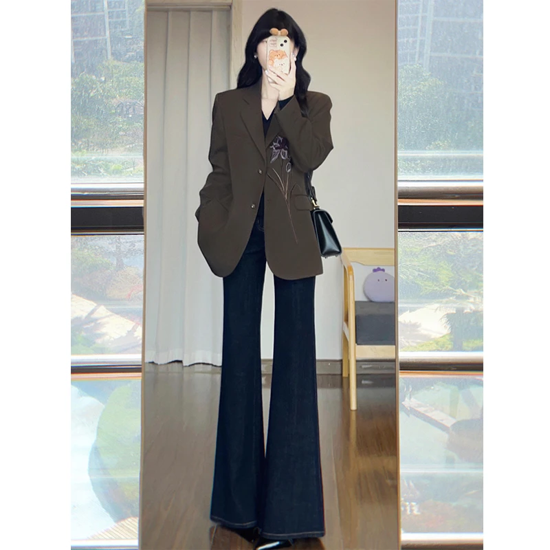 裤长112cm高个子加长深色微喇叭牛仔裤女秋季不贴腿低腰马蹄裤子