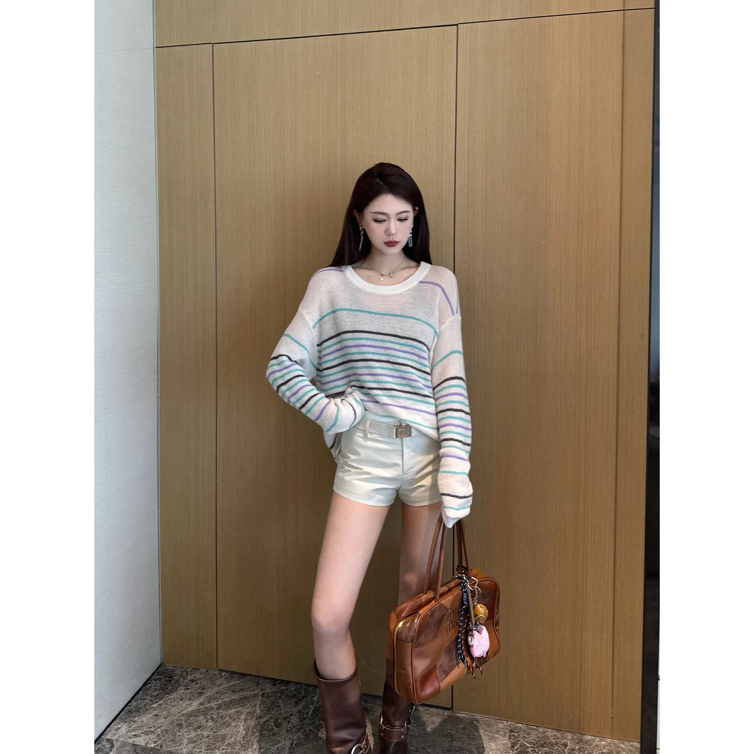 NancyCavally专柜款云柔舒适时尚撞色慵懒氛围感彩虹条纹针织罩衫