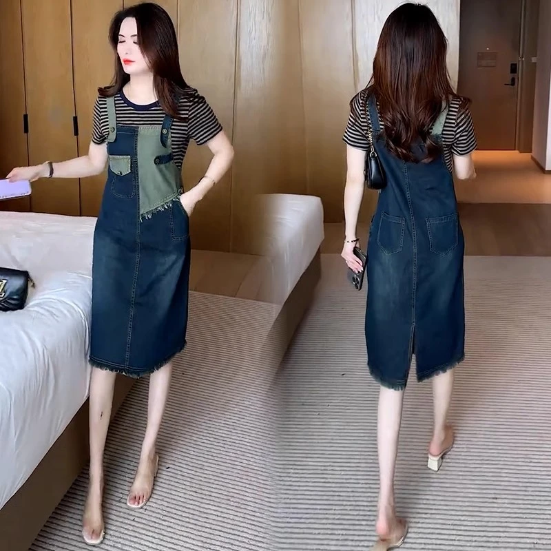 假两件牛仔连衣裙女2025夏季新款洋气宽松显瘦中长款工装背带裙潮