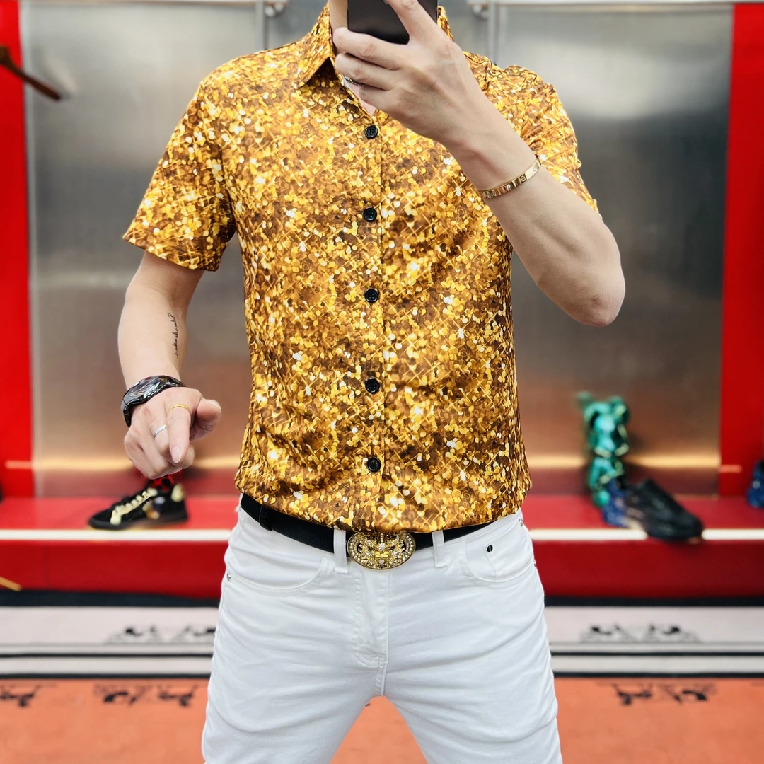 2025夏季衬衫男士百搭翻领衬衣短袖时尚潮流修身碎花印花帅气商务