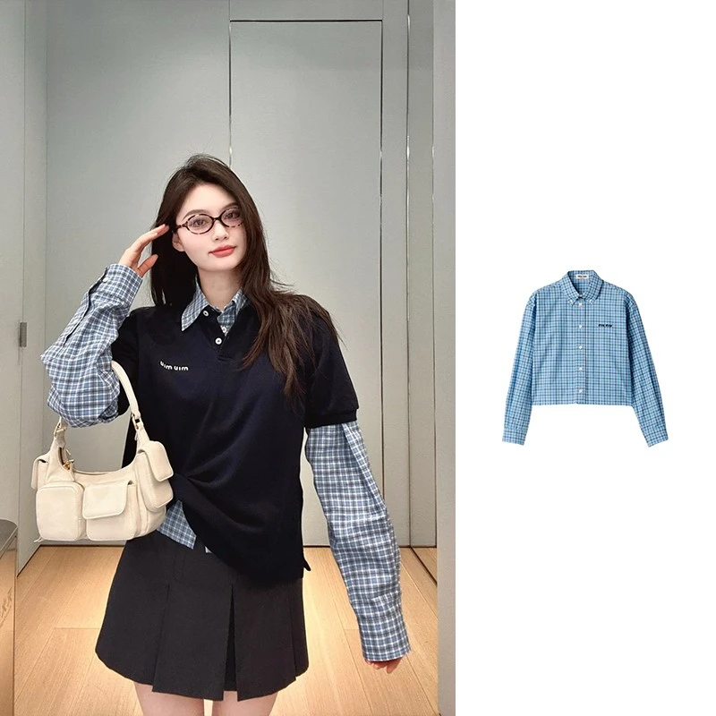 全新未使用 MIU MIU/缪缪 蓝色格纹府绸衬衫 MK1659-16MK-F0QY6