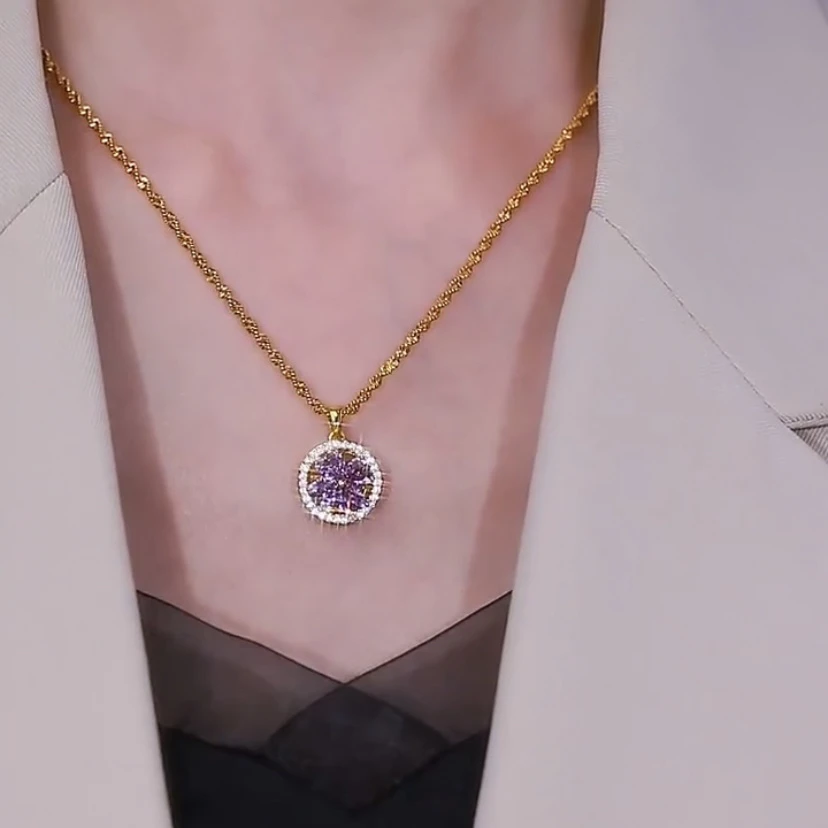 铜合金锆石项链 爆款紫色花朵项链女小众气质锁骨链优雅颈链潮