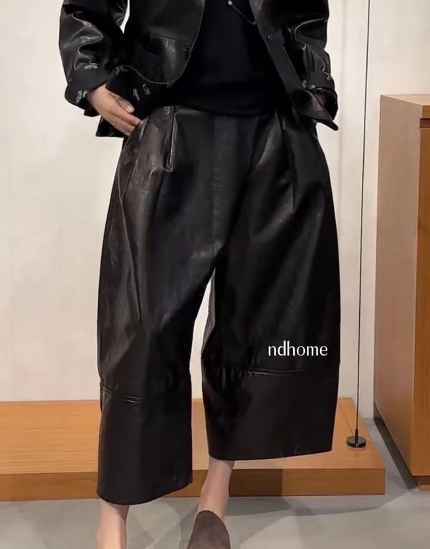 《刘夫人推荐》2025春秋新款真皮皮裤松紧街头风休闲裤高腰奶奶裤