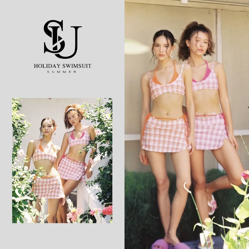 [多巴胺]泰兰德ins复古小众格纹拼接分体泳衣三件套度假温泉