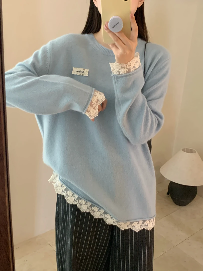 【潘潘.828808】福秒冬季新款獭马绒纯色圆领蕾丝下摆纯色针织衫