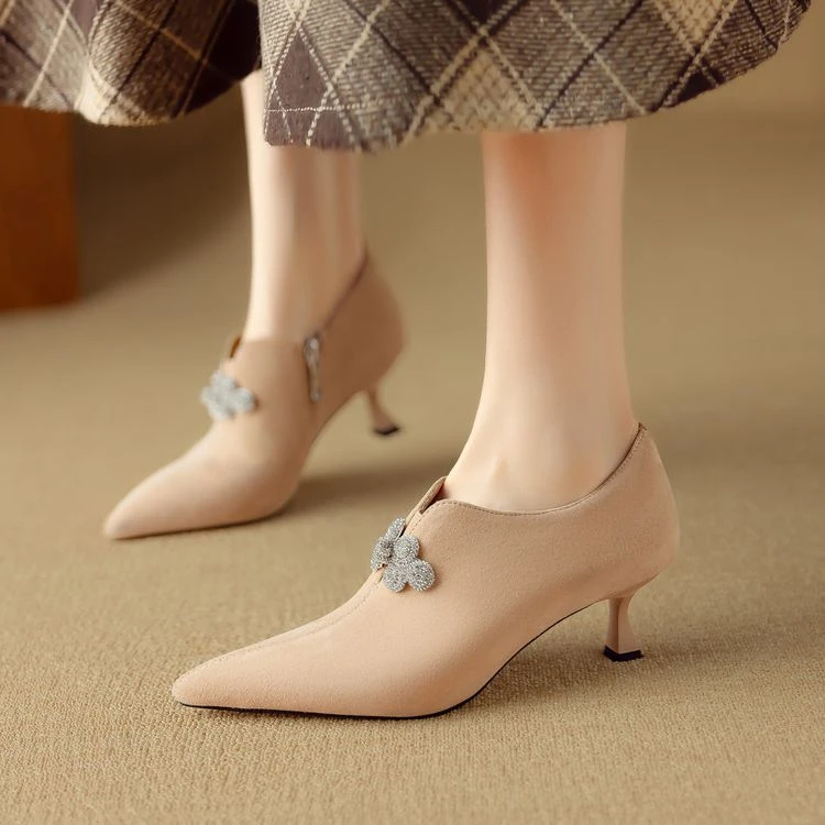 羊皮~5.5cm尖头细跟水钻深口单鞋女真皮中跟气质百搭中国风配旗袍