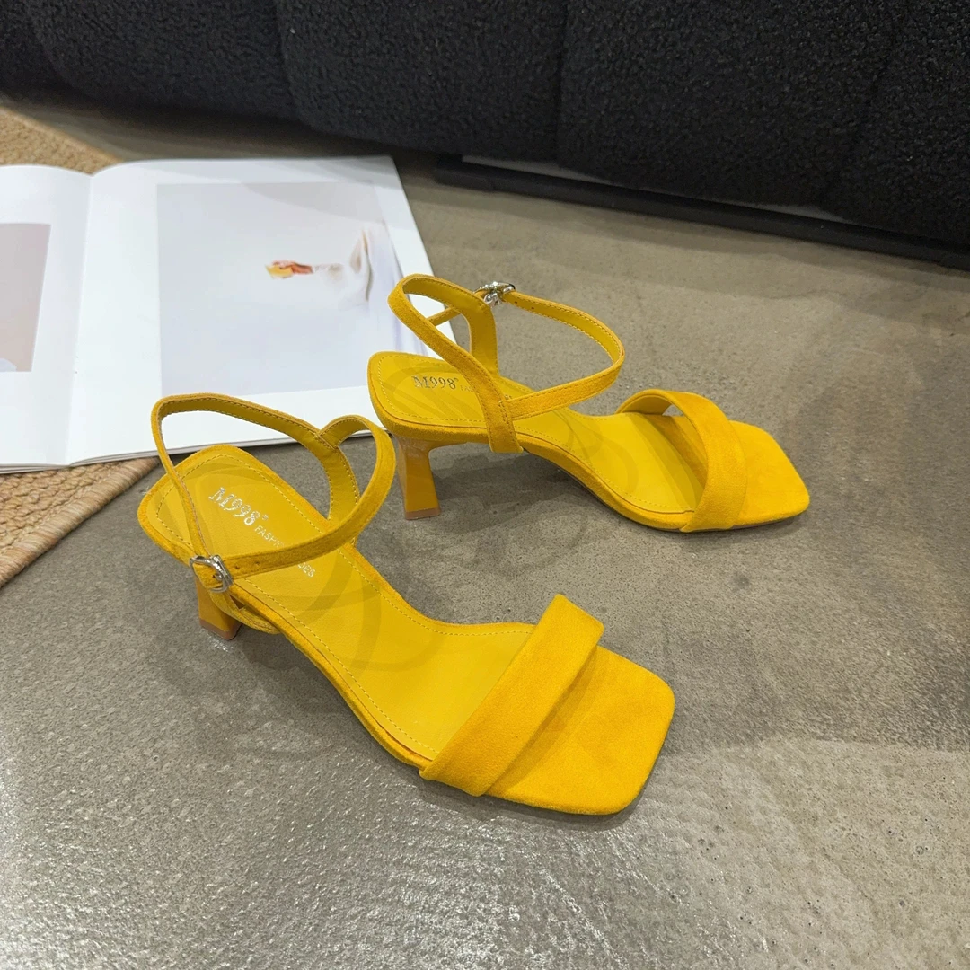 9856 夏季新品女一字带粗跟跟高凉鞋时尚方头气质女名媛韩版