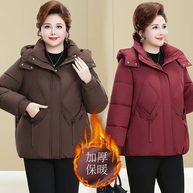 中老年大码冬季妈妈短款女士连帽休闲百搭棉服宽松时尚