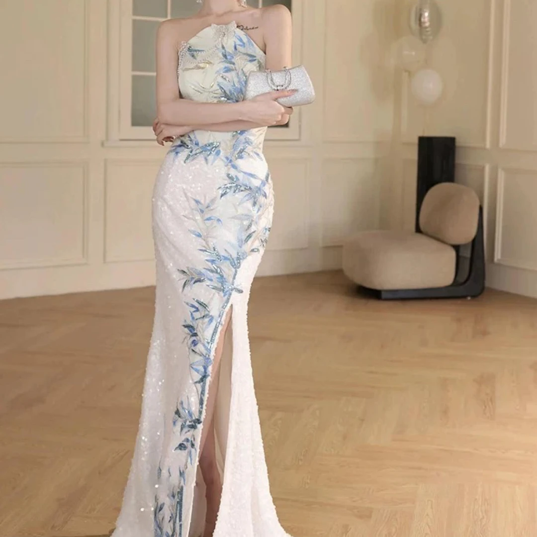 直播链接断码特价中式晨袍高端轻奢挂脖敬酒服新娘订婚生日主持人