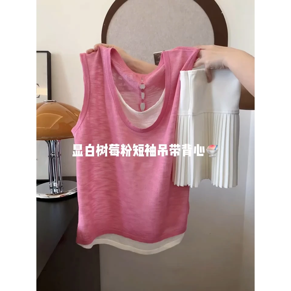 韩系显白假两件无袖背心女夏季小众设计微透修身拼色薄款外穿吊带