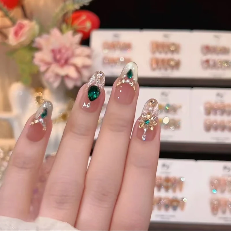 绿宝石-美甲店手工穿戴甲-可重复佩戴-掉钻包补-10片