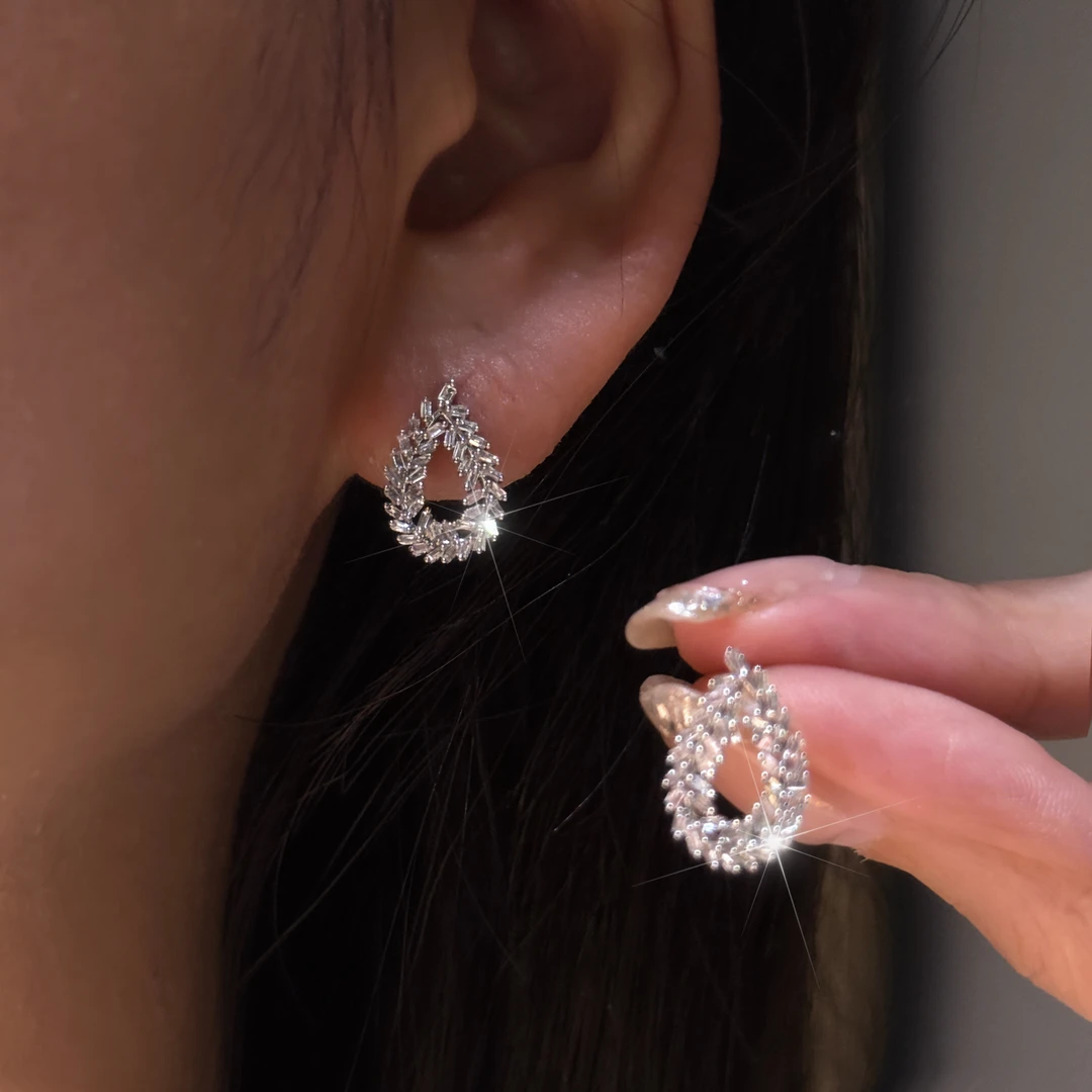 QANNA【满钻麦穗】18K金轻奢气质水滴钻石耳环耳钉AP