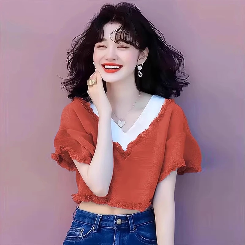 多巴胺橘红色v领毛边针织衫假两件短袖T恤独特超好看上衣女夏季