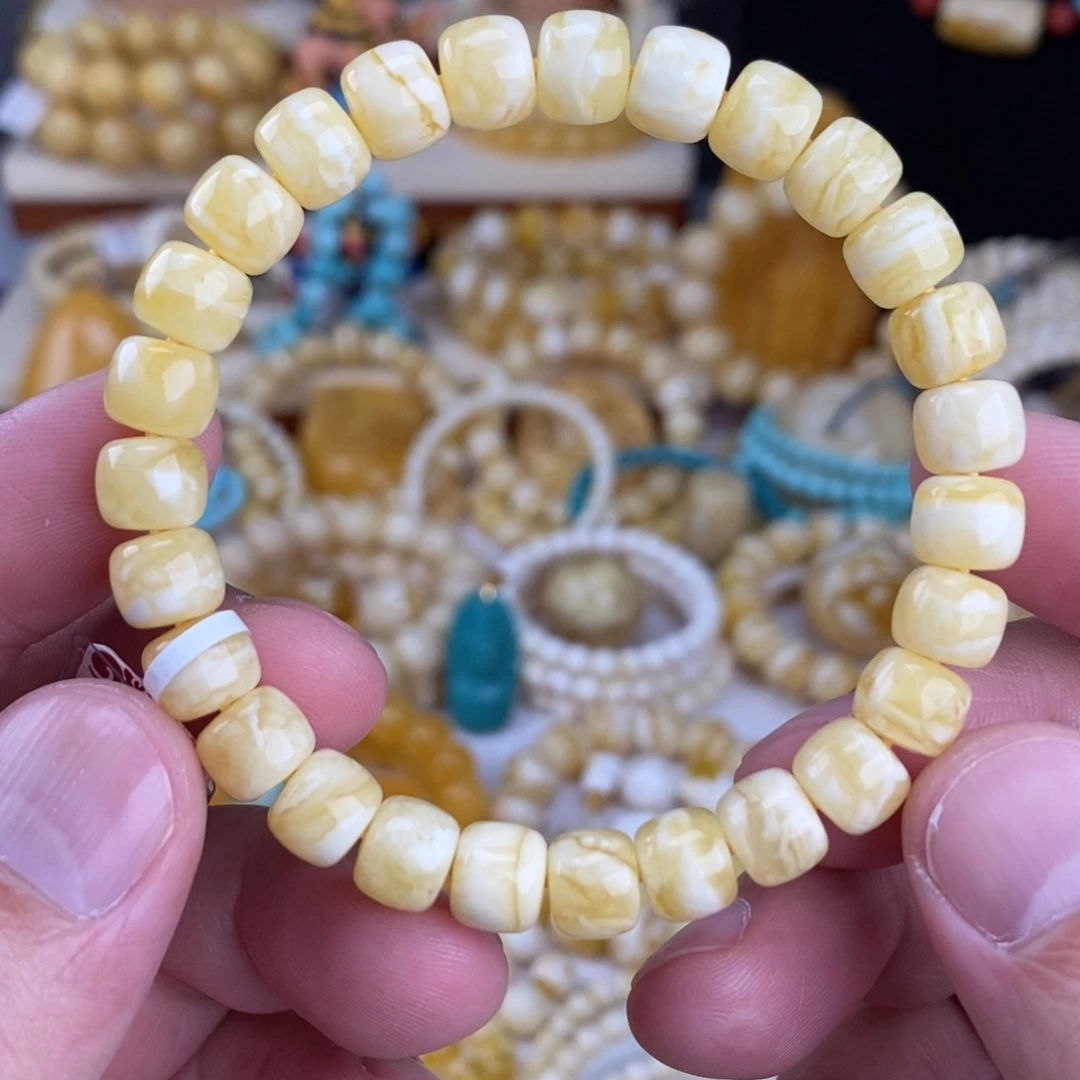 蜜蜡未镶嵌手链瓷白细纹虎皮纹8.5mm