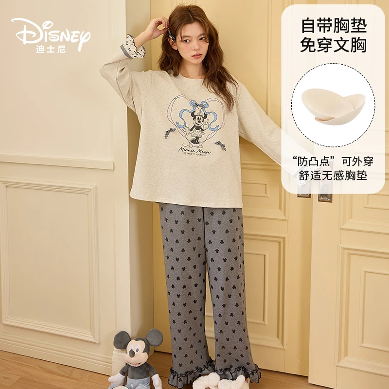 Disney迪士尼圆领秋冬女装长袖带胸垫舒适外穿宽松纯棉家居服0194