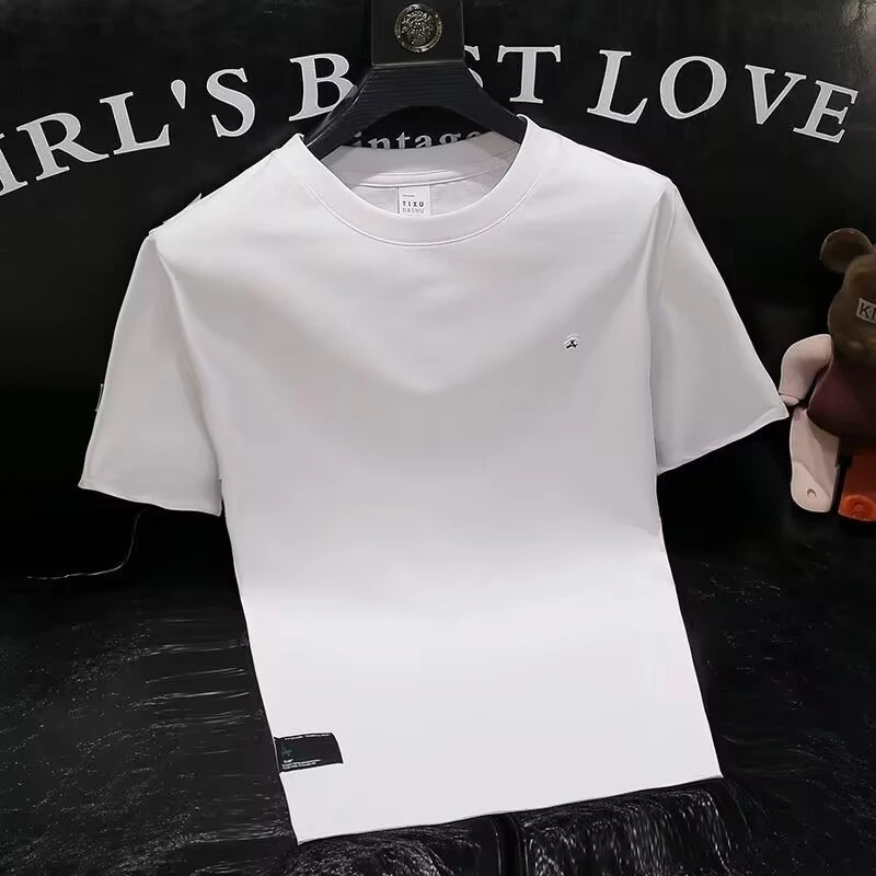 短袖上衣休闲圆领刺绣款夏季恤简约男士丝光棉修身时尚圆领男士