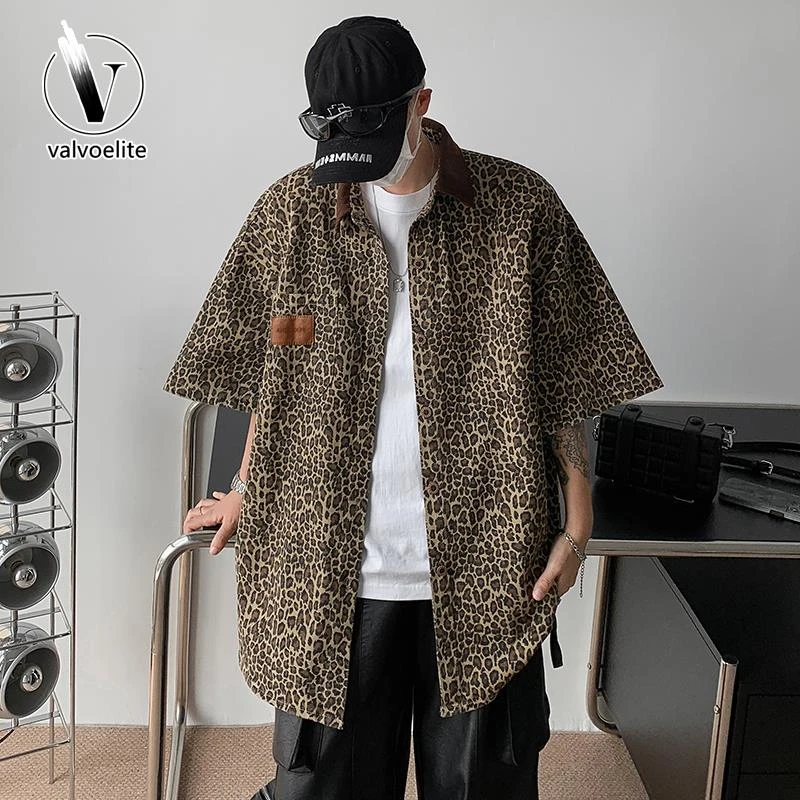 VALVOELITE夏季薄款豹纹拼接短袖衬衫男休闲潮牌痞帅复古高街上衣