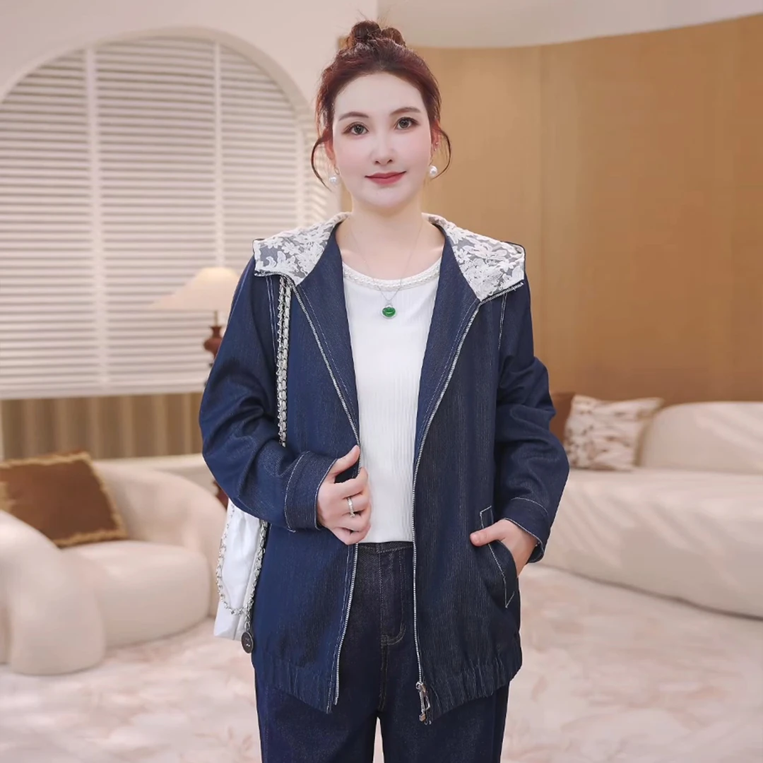 【仿牛仔连帽外套】MsShe大码女装秋季宽松绣花蕾丝拼接S~M2508038