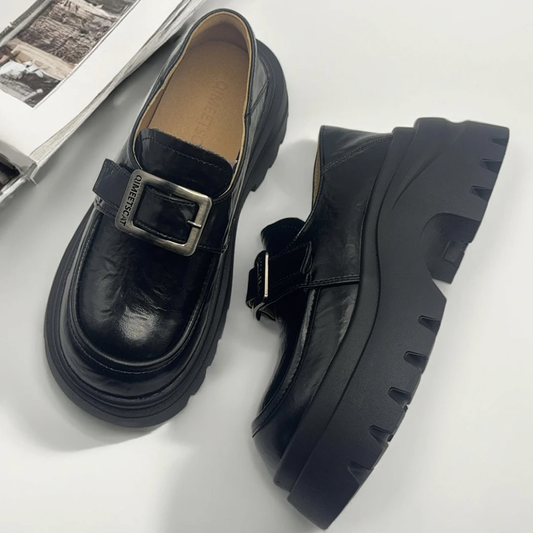 学院风春秋季少女风纯色中跟乐福鞋圆头黑色单鞋