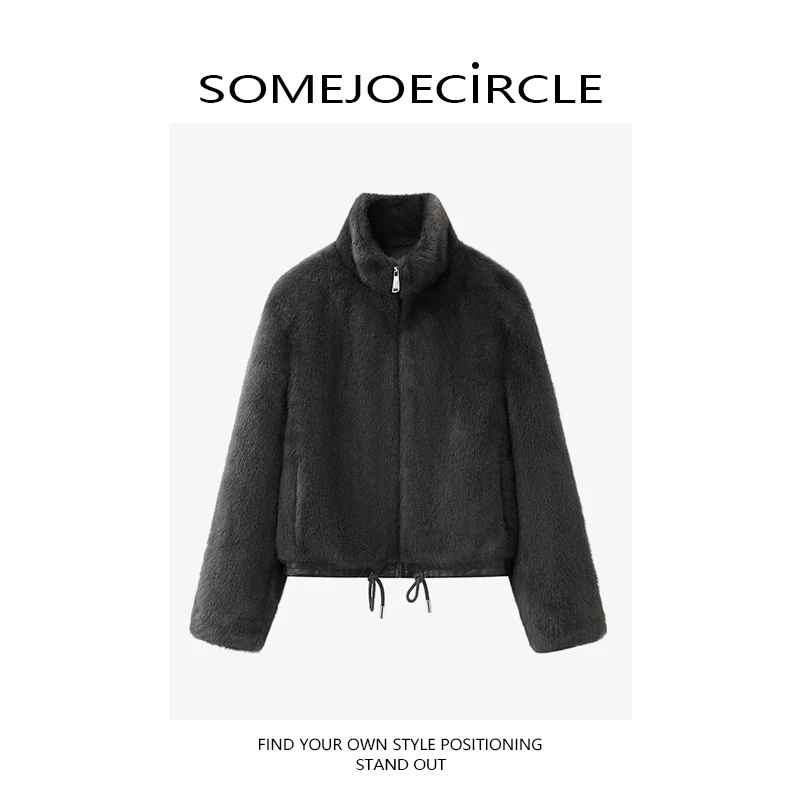 SOMEJOECIRCLE【外套】25冬PU皮抽绳拉链两穿领落肩长袖毛外套S8064