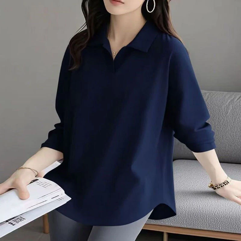 100%纯棉弧形纯色百搭秋季新款不规则POLO领胖mm显瘦薄款上衣女士