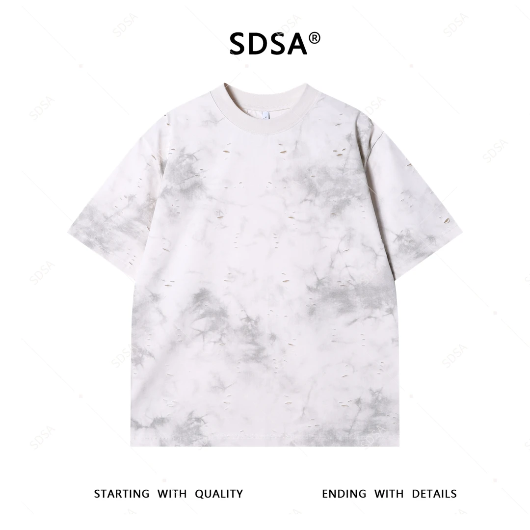 SDSA夏季新款男士痞帅美式扎染割破设计圆领短袖T恤高街百搭上衣