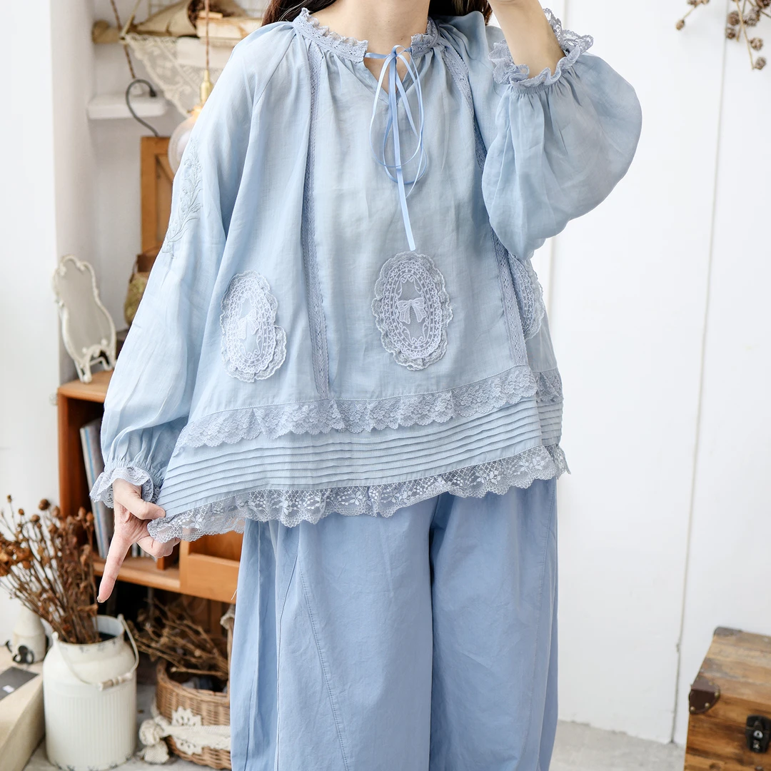 美村2025新款日系森系原创女装重工刺绣宽松减龄上衣甜美春