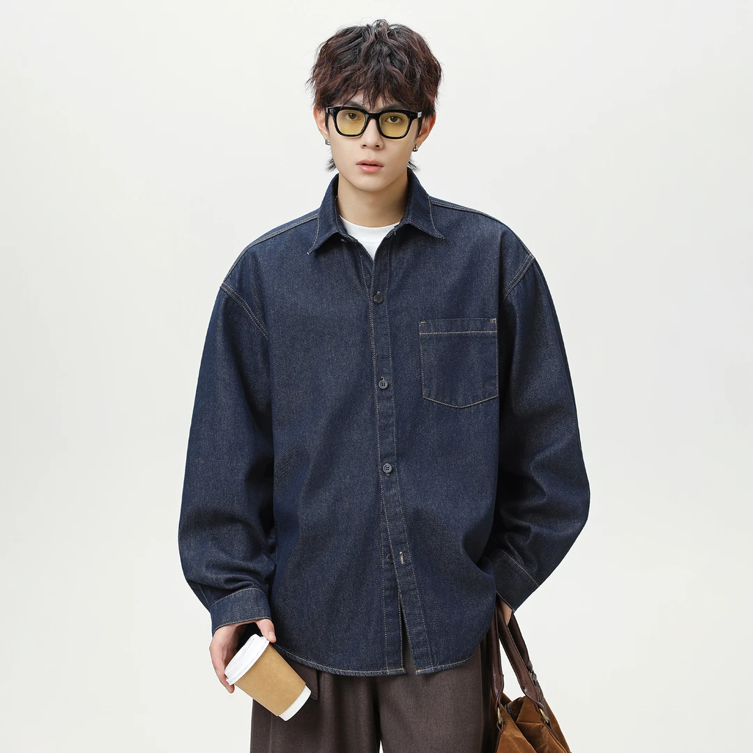复古原牛长袖衬衫男秋季新款日系宽松潮牌休闲水洗牛仔衬衣男装